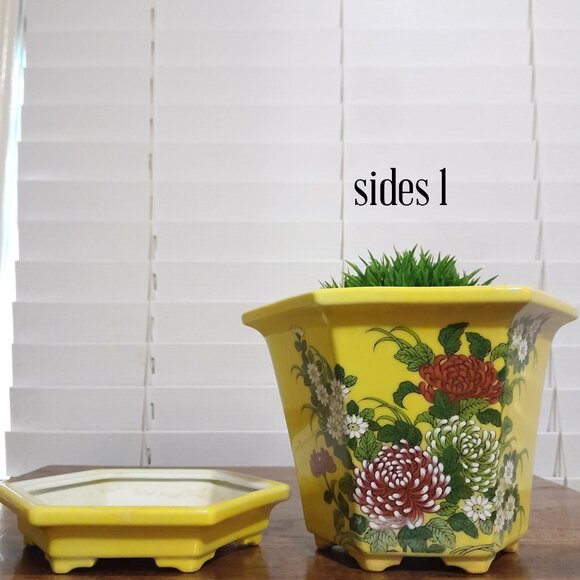 Vintage Yellow Floral Japanese Flower Pot w/Drip Tray 5.5"H - Picture 2 of 9